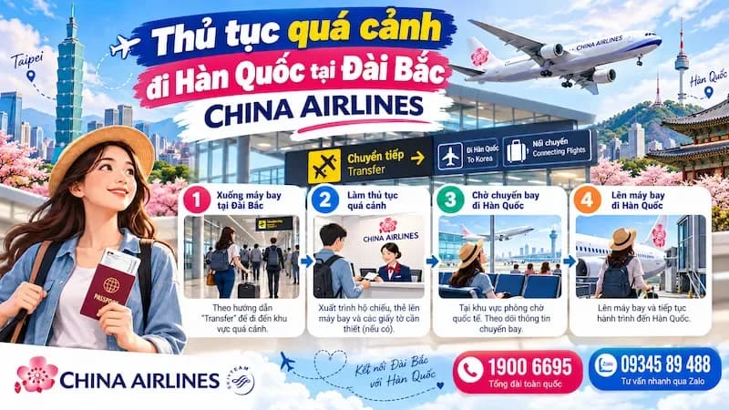 Thủ tục quá cảnh đi Hàn Quốc tại Đài Bắc China Airlines A-Z — hình minh họa