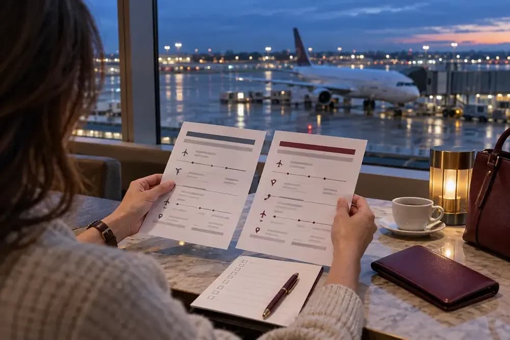 Hành khách đối chiếu hai phương án hành trình trước chuyến bay ở sân bay, ảnh minh họa