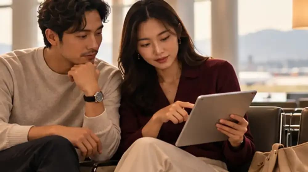Hai hành khách cùng xem lại hành trình trên máy tính bảng tại sân bay, ảnh minh họa