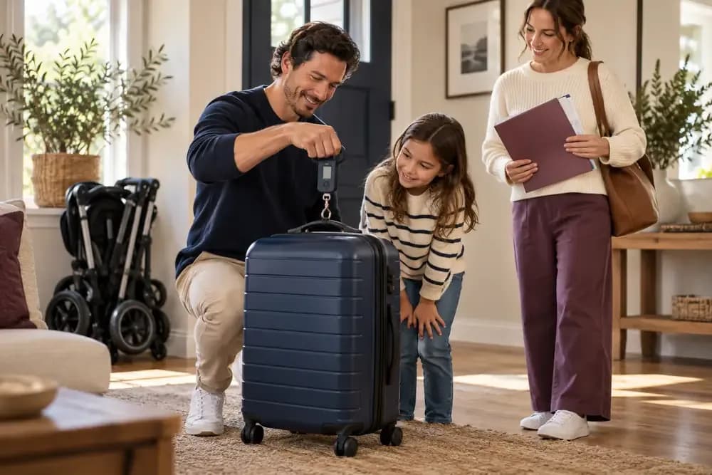 Cha mẹ cân vali và phân loại đồ của trẻ trước chuyến bay, ảnh minh họa