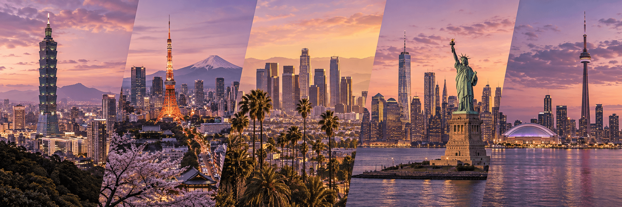Minh họa năm điểm đến: Đài Bắc, Tokyo, Los Angeles, New York và Toronto