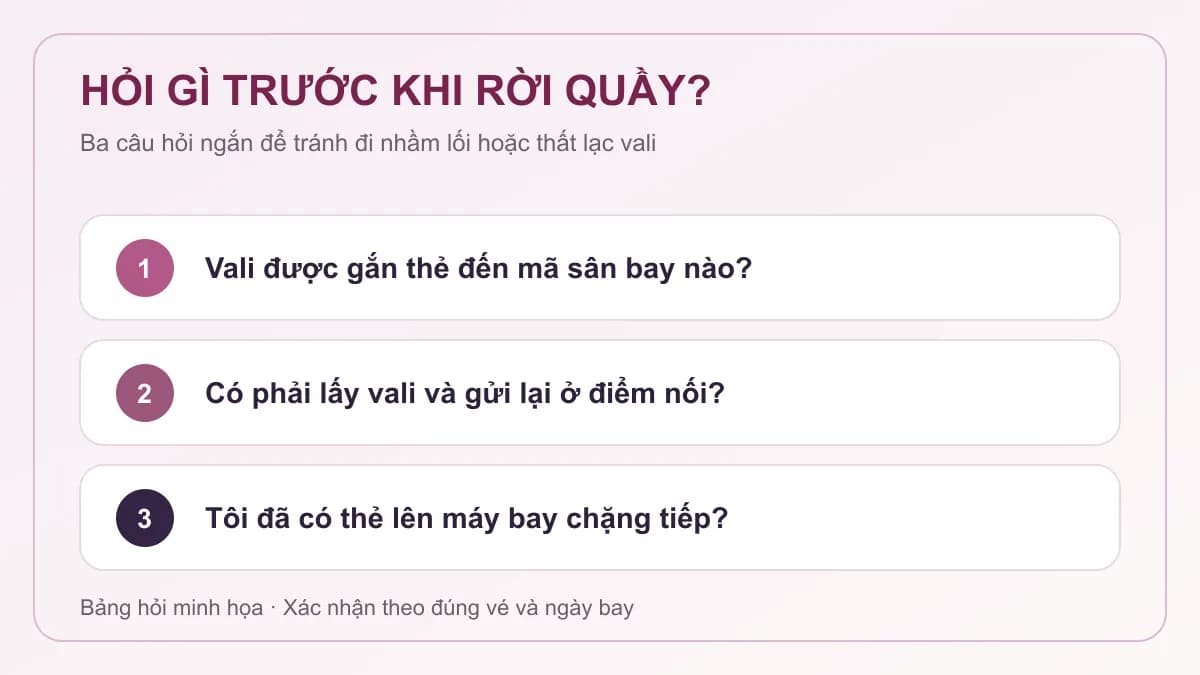 Bảng kiểm minh họa ba câu hỏi cần hỏi tại quầy trước khi nối chuyến ở TPE