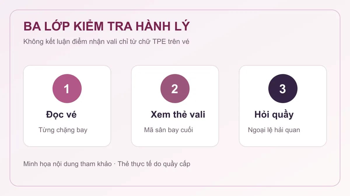 Minh họa ba nơi cần đối chiếu: vé, thẻ hành lý và điểm nhận vali
