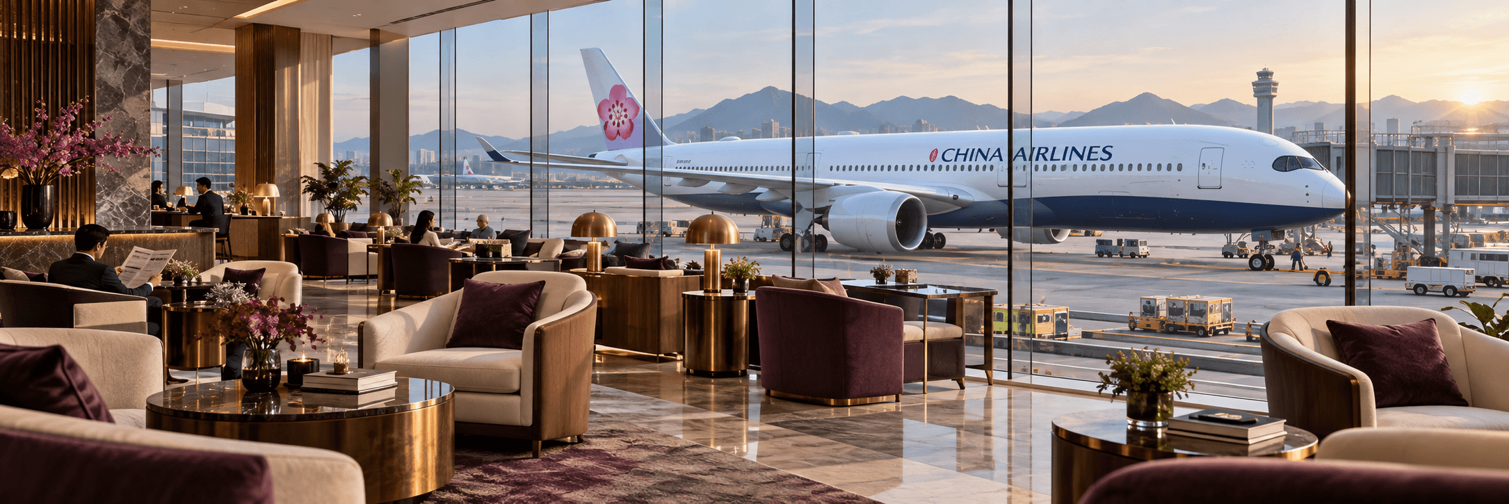 Minh họa phòng chờ VIP sang trọng nhìn qua cửa kính ra máy bay mang thương hiệu China Airlines tại sân bay